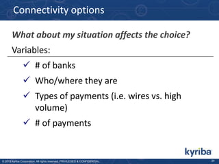 Connectivity options
What about my situation affects the choice?
Variables:
 # of banks
 Who/where they are

 Types of payments (i.e. wires vs. high
volume)
 # of payments

© 2013 Kyriba Corporation. All rights reserved. PRIVILEGED & CONFIDENTIAL.

24

 