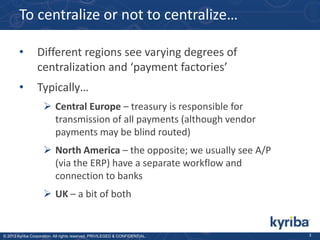 To centralize or not to centralize…
•

Different regions see varying degrees of
centralization and ‘payment factories’

•

Typically…
 Central Europe – treasury is responsible for
transmission of all payments (although vendor
payments may be blind routed)
 North America – the opposite; we usually see A/P
(via the ERP) have a separate workflow and
connection to banks

 UK – a bit of both

© 2013 Kyriba Corporation. All rights reserved. PRIVILEGED & CONFIDENTIAL.

3

 
