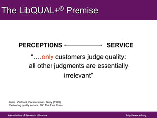 The LibQUAL+® Premise 
PERCEPTIONS SERVICE 
“….only customers judge quality; 
all other judgments are essentially 
irrelevant” 
Note. Zeithaml, Parasuraman, Berry. (1999). 
Delivering quality service. NY: The Free Press. 
Association of Research Libraries http://www.arl.org 
 