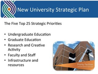 New 
University 
Strategic 
Plan 
The 
Five 
Top 
25 
Strategic 
Priori8es 
• Undergraduate 
Educa8on 
• Graduate 
Educa8on 
• Research 
and 
Crea8ve 
Ac8vity 
• Faculty 
and 
Staff 
• Infrastructure 
and 
resources 
 