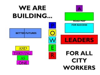 WE ARE
BUILDING...
P
O
W
E
R FOR ALL
CITY
WORKERS
BETTER FUTURES
ROAD MAP
FOR SUCCESS
AND
THRIVING
AS
ONE
LEADERS
A
 