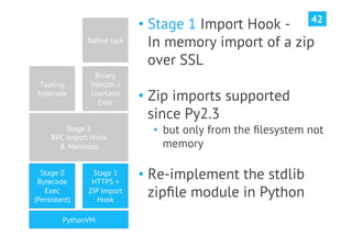 42
                             •  Stage 1 Import Hook -
               Native task      In memory import of a zip
                                over SSL
                  Binary
  Tasking       Injector /
 bytecode       Userland
                   Exec
                             •  Zip imports supported
                                since Py2.3
         Stage 2               •  but only from the ﬁlesystem not
     RPC Import Hook
       & Mainloop                 memory

  Stage 0
 Bytecode
                Stage 1
                HTTPS +
                             •  Re-implement the stdlib
   Exec
(Persistent)
               ZIP Import
                  Hook
                                zipﬁle module in Python
         PythonVM
 