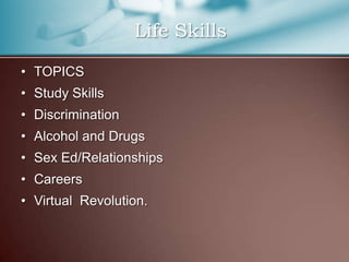TOPICSStudy SkillsDiscriminationAlcohol and DrugsSex Ed/RelationshipsCareers Virtual  Revolution.  Life Skills