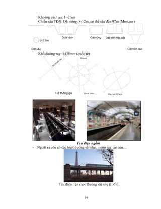 Khoảng cách ga: 1 -2 km 
Chiều sâu TĐN: Đặt nông: 8-12m, có thể sâu đến 97m (Moscow) 
Duíi r·nh §Æt n«ng §Æt trªn mÆt ®Êt 
§Æt s©u §Æt trªn cao 
Moscow 
19 
d=5.7m 
Khổ đường ray: 1435mm (quốc tế) 
Ga chuyÓn tμu 
HÖ thèng ga Chu vi: 15km 
C¸c ga ë Paris 
Tàu điện ngầm 
- Ngoài ra còn có các loại: đường sắt nhẹ, mono ray, xe con… 
Tàu điện trên cao: Đường sắt nhẹ (LRT) 
 