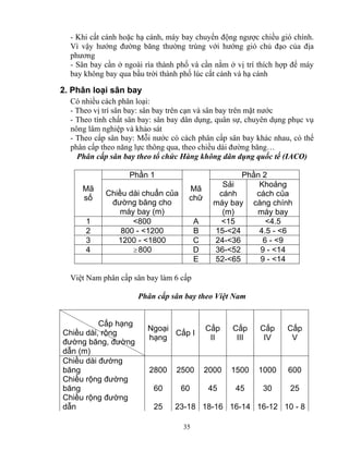 - Khi cất cánh hoặc hạ cánh, máy bay chuyển động ngược chiều gió chính. 
Vì vậy hướng đường băng thường trùng với hướng gió chủ đạo của địa 
phương 
- Sân bay cần ở ngoài rìa thành phố và cần nằm ở vị trí thích hợp để máy 
bay không bay qua bầu trời thành phố lúc cất cánh và hạ cánh 
2. Phân loại sân bay 
Có nhiều cách phân loại: 
- Theo vị trí sân bay: sân bay trên cạn và sân bay trên mặt nước 
- Theo tính chất sân bay: sân bay dân dụng, quân sự, chuyên dụng phục vụ 
nông lâm nghiệp và khảo sát 
- Theo cấp sân bay: Mỗi nước có cách phân cấp sân bay khác nhau, có thể 
phân cấp theo năng lực thông qua, theo chiều dài đường băng… 
Phân cấp sân bay theo tổ chức Hàng không dân dụng quốc tế (IACO) 
Phần 1 Phần 2 
35 
Mã 
số Chiều dài chuẩn của 
đường băng cho 
máy bay (m) 
Mã 
chữ 
Sải 
cánh 
máy bay 
(m) 
Khoảng 
cách của 
càng chính 
máy bay 
1 <800 A <15 <4.5 
2 800 - <1200 B 15-<24 4.5 - <6 
3 1200 - <1800 C 24-<36 6 - <9 
4 ≥ 800 D 36-<52 9 - <14 
E 52-<65 9 - <14 
Việt Nam phân cấp sân bay làm 6 cấp 
Phân cấp sân bay theo Việt Nam 
Cấp hạng 
Chiều dài, rộng 
đường băng, đường 
dẫn (m) 
Ngoại 
hạng Cấp I Cấp 
II 
Cấp 
III 
Cấp 
IV 
Cấp 
V 
Chiều dài đường 
băng 2800 2500 2000 1500 1000 600 
Chiều rộng đường 
băng 60 60 45 45 30 25 
Chiều rộng đường 
dẫn 25 23-18 18-16 16-14 16-12 10 - 8 
 