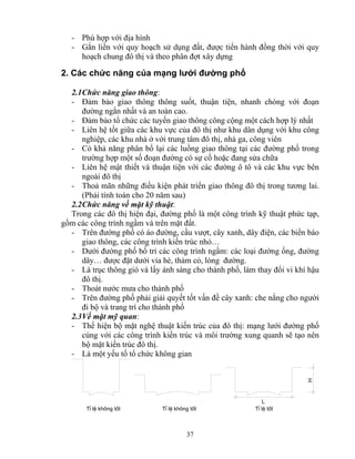 - Phù hợp với địa hình 
- Gắn liền với quy hoạch sử dụng đất, được tiến hành đồng thời với quy 
hoạch chung đô thị và theo phân đợt xây dựng 
2. Các chức năng của mạng lưới đường phố 
2.1 Chức năng giao thông: 
- Đảm bảo giao thông thông suốt, thuận tiện, nhanh chóng với đoạn 
đường ngắn nhất và an toàn cao. 
- Đảm bảo tổ chức các tuyến giao thông công cộng một cách hợp lý nhất 
- Liên hệ tốt giữa các khu vực của đô thị như khu dân dụng với khu công 
nghiệp, các khu nhà ở với trung tâm đô thị, nhà ga, công viên 
- Có khả năng phân bố lại các luồng giao thông tại các đường phố trong 
trường hợp một số đoạn đường có sự cố hoặc đang sửa chữa 
- Liên hệ mật thiết và thuận tiện với các đường ô tô và các khu vực bên 
ngoài đô thị 
- Thoả mãn những điều kiện phát triển giao thông đô thị trong tương lai. 
(Phải tính toán cho 20 năm sau) 
2.2 Chức năng về mặt kỹ thuật: 
Trong các đô thị hiện đại, đường phố là một công trình kỹ thuật phức tạp, 
gồm các công trình ngầm và trên mặt đất. 
- Trên đường phố có áo đường, cầu vượt, cây xanh, dây điện, các biển báo 
giao thông, các công trình kiến trúc nhỏ… 
- Dưới đường phố bố trí các công trình ngầm: các loại đường ống, đường 
dây… được đặt dưới vỉa hè, thảm cỏ, lòng đường. 
- Là trục thông gió và lấy ánh sáng cho thành phố, làm thay đổi vi khí hậu 
đô thị. 
- Thoát nước mưa cho thành phố 
- Trên đường phố phải giải quyết tốt vấn đề cây xanh: che nắng cho người 
đi bộ và trang trí cho thành phố 
2.3 Về mặt mỹ quan: 
- Thể hiện bộ mặt nghệ thuật kiến trúc của đô thị: mạng lưới đường phố 
cùng với các công trình kiến trúc và môi trường xung quanh sẽ tạo nên 
bộ mặt kiến trúc đô thị. 
- Là một yếu tố tổ chức không gian 
TØ lÖ kh«ng tèt TØ lÖ kh«ng tèt TØ lÖ tèt 
37 
H 
L 
 