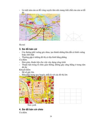 - Là một nửa của sơ đồ vòng xuyên tâm nên mang tính chất của của sơ đồ 
đó 
Ha noi 
3. Sơ đồ bàn cờ 
- Các đường phố vuông góc nhau, tạo thành những khu đất có hình vuông 
hoặc chữ nhật 
- Thường gặp ở những đô thị có địa hình bằng phẳng 
Ưu điểm 
- Đơn giản, thuận tiện cho việc xây dựng công trình 
- Thuận tiện trong tổ chức giao thông, không gây căng thẳng ở trung tâm 
đô thị 
Khuyết điểm 
- Hệ số gãy lớn 
- Đơn điệu trong quy hoạch, nhất là với các đô thị lớn 
39 
New york 
4. Sơ đồ bàn cờ chéo 
Ưu điểm 
 