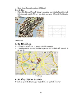 - Khắc phục nhược điểm của sơ đồ bàn cờ. 
Khuyết điểm 
- Phân chia thành phố thành những ô tam giác, khó bố trí công trình, xuất 
hiên thêm các ngã 6, 7,8 gây khó khăn cho giao thông và tổ chức giao 
thông 
Manhattan 
5. Sơ đồ hỗn hợp 
- Kết hợp các sơ đồ trên và mang tính chất từng loại 
- Tại trung tâm đô thị dùng sơ đồ vòng xuyên tâm là chính, kết hợp với sơ 
đồ bàn cờ 
Toulouse 
6. Sơ đồ tự do( theo địa hình) 
Bám theo địa hình. Thường gặp ở các đô thị có địa hình phức tạp 
40 
 