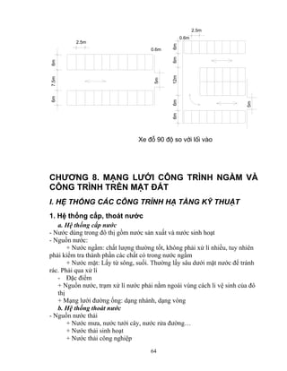 0.6m 
64 
2.5m 
6m 6m 12m 6m 6m 
0.6m 
5m 
Xe ®ç 90 ®é so víi lèi vμo 
6m 7.5m 6m 
5m 
2.5m 
CHƯƠNG 8. MẠNG LƯỚI CÔNG TRÌNH NGẦM VÀ 
CÔNG TRÌNH TRÊN MẶT ĐẤT 
I. HỆ THỐNG CÁC CÔNG TRÌNH HẠ TẦNG KỸ THUẬT 
1. Hệ thống cấp, thoát nước 
a. Hệ thống cấp nước 
- Nước dùng trong đô thị gồm nước sản xuất và nước sinh hoạt 
- Nguồn nước: 
+ Nước ngầm: chất lượng thường tốt, không phải xử lí nhiều, tuy nhiên 
phải kiểm tra thành phần các chất có trong nước ngầm 
+ Nước mặt: Lấy từ sông, suối. Thường lấy sâu dưới mặt nước để tránh 
rác. Phải qua xử lí 
- Đặc điểm 
+ Nguồn nước, trạm xử lí nước phải nằm ngoài vùng cách li vệ sinh của đô 
thị 
+ Mạng lưới đường ống: dạng nhánh, dạng vòng 
b. Hệ thống thoát nước 
- Nguồn nước thải 
+ Nước mưa, nước tưới cây, nước rửa đường… 
+ Nước thải sinh hoạt 
+ Nước thải công nghiệp 
 