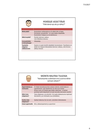 7.9.2017
6
PERÄSSÄ VEDETTÄVÄ
”Eikö tämä nyt ole jo nähty?”
Mistä pitää? Koulutuksen tarkkarajaisuus eli selkeä alku ja loppu
Perinteiset menetelmät – on myös katkos työpäivälle
Koulutuksen helppous ja ennakoitavuus
Mikä ärsyttää? Pienikin tekninen vaikeus
Liian kikkaileva toteutus
Innovaatioiden
omaksujatyyppi
Vitkastelija
Tavoitetila
eOppivan
näkökulmasta
Haaste on saada henkilö ylipäätään koulutukseen. Tavoitteena on
tehdä niin helposti lähestyttävä tekninen ratkaisu, että ihminen
yllättyy iloisesti.
MONTA RAUTAA TULESSA
”Katsotaanko uudestaan ensi vuonna tähän
samaan aikaan?”
Oppimiskäsitys ja
motivaatio
Ei mitään kouluttautumista vastaan sinänsä, mutta koska on
superkiireinen, ajan löytäminen voi olla suuri haaste
Kiireen tuntu voi haitata jopa töiden tekemistä – ei kerkeä
perehtyä työtä helpottaviin tai työn kannalta olennaisiin asioihin
Miksi tulee
eOppivaan?
Tulee eOppivaan, jos johonkin. Voi saada aikatauluunsa sopimaan
täsmäslotin, jos motivaatio osuu kohdalleen.
Kuinka tulee
eOppivaan?
Saattaa hakeutua itse tai esim. esimiehen kehotuksesta
Esteet oppimiselle Kiire, aikataulupaineet ja uupuminen
 