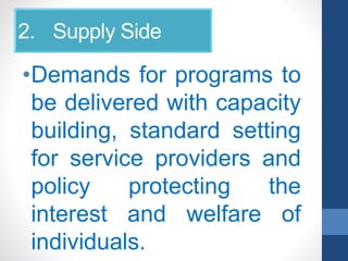 2. Supply Side
•Demands for programs to
be delivered with capacity
building, standard setting
for service providers and
policy protecting the
interest and welfare of
individuals.
 