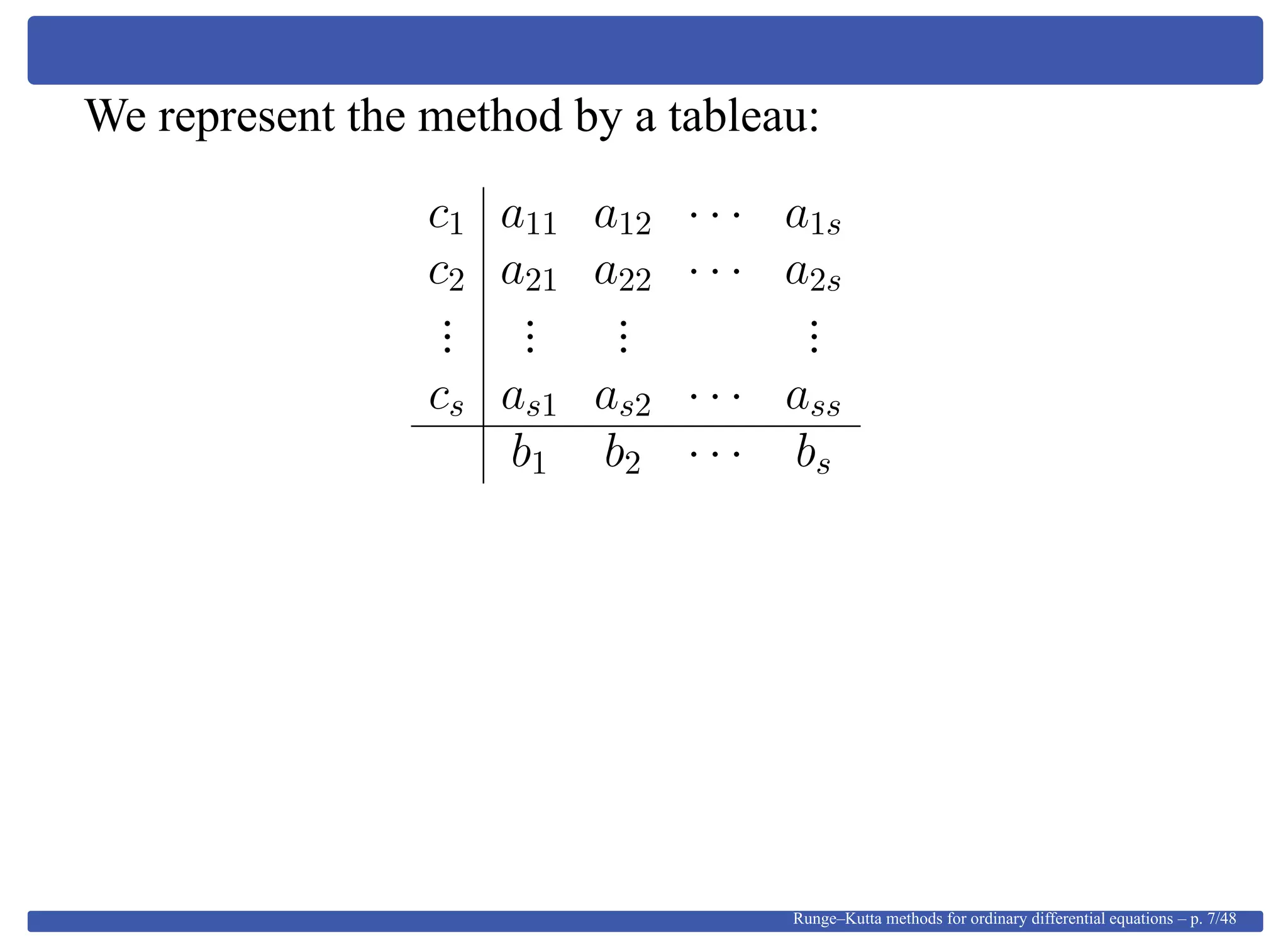 We represent the method by a tableau:
c1 a11 a12 · · · a1s
c2 a21 a22 · · · a2s
...
...
...
...
cs as1 as2 · · · ass
b1 b2 · · · bs
Runge–Kutta methods for ordinary differential equations – p. 7/48
 