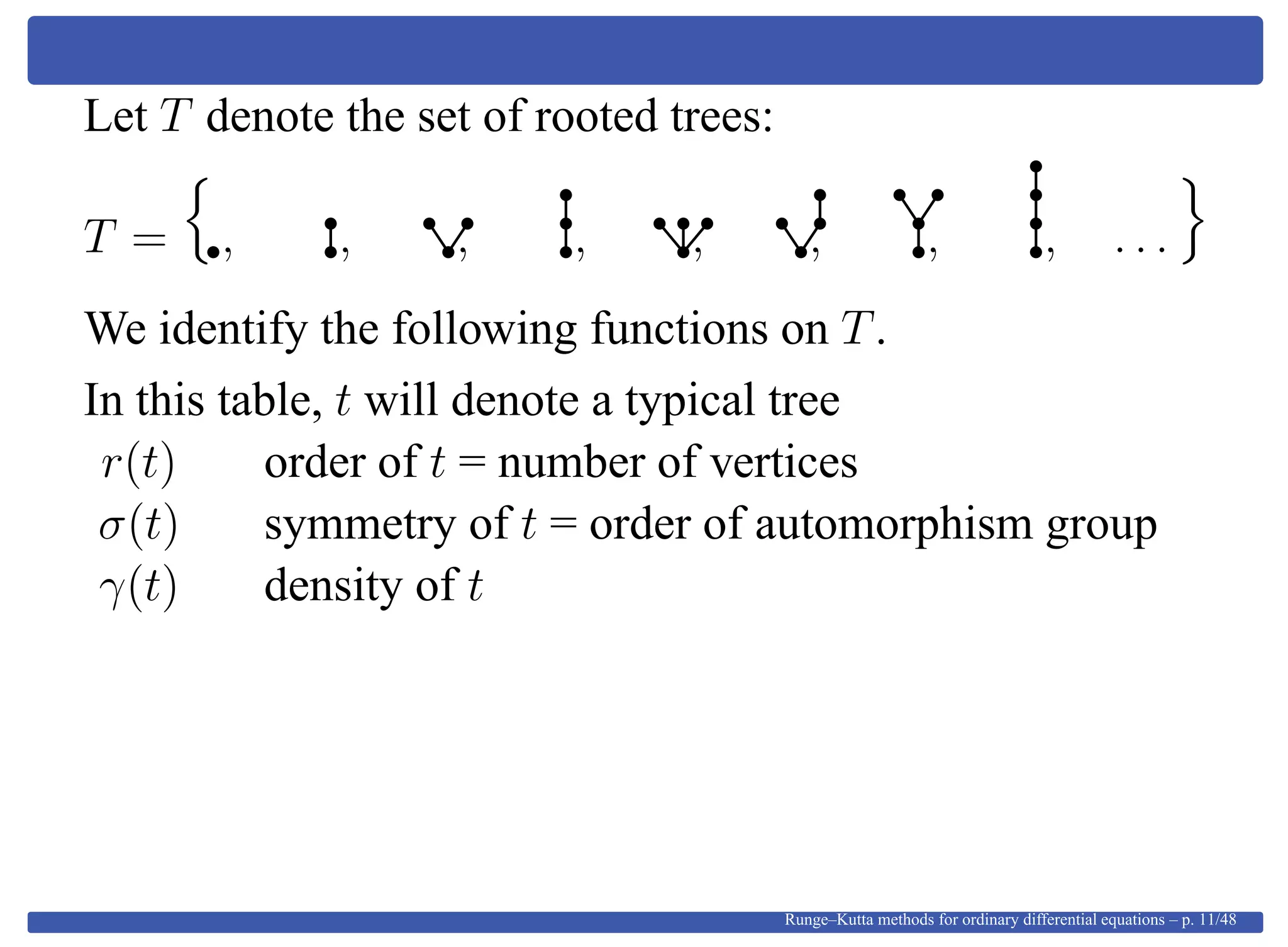 Let T denote the set of rooted trees:
T = , , , , , , , , . . .
We identify the following functions on T.
In this table, t will denote a typical tree
r(t) order of t = number of vertices
σ(t) symmetry of t = order of automorphism group
γ(t) density of t
Runge–Kutta methods for ordinary differential equations – p. 11/48
 