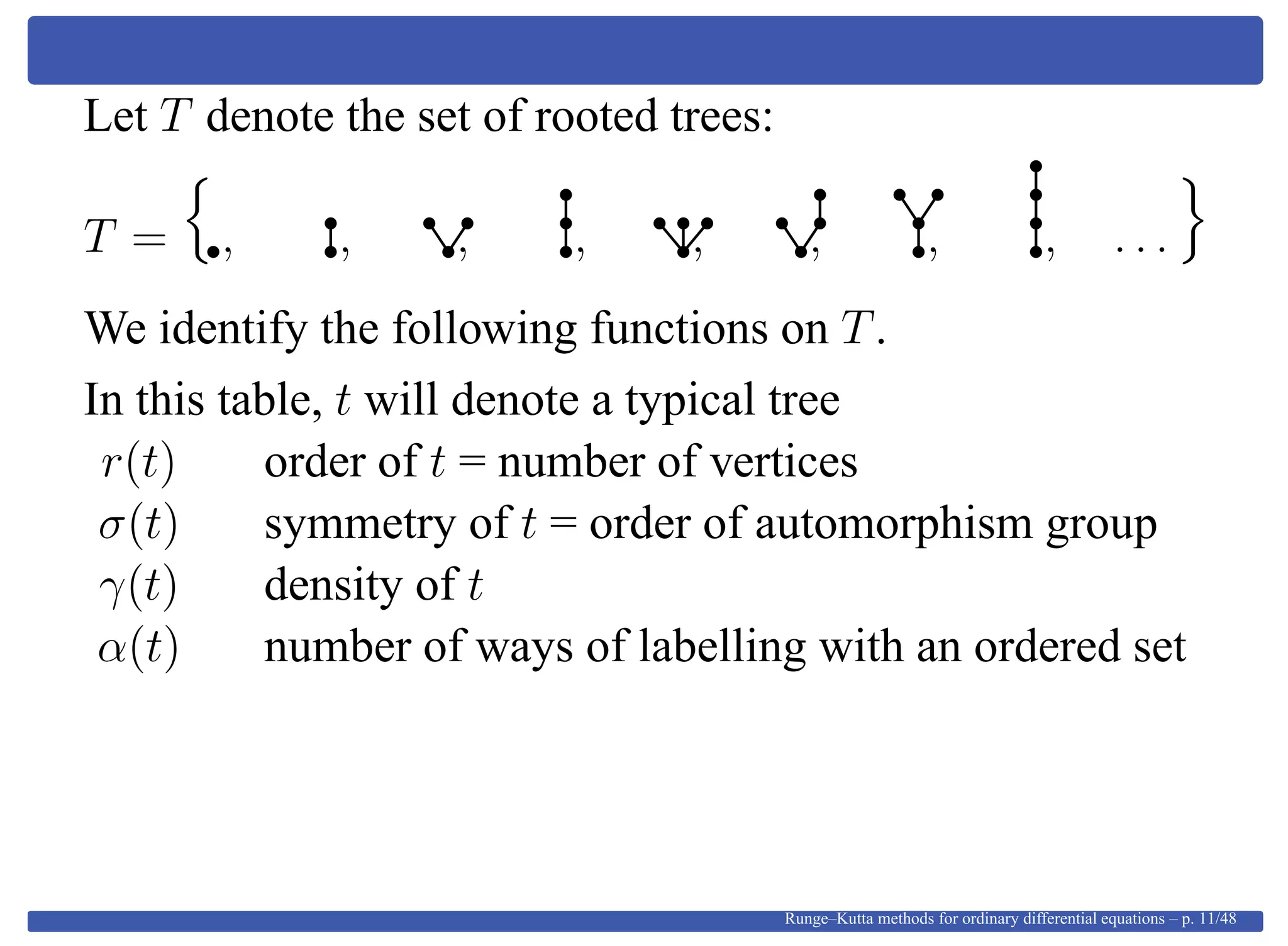 Let T denote the set of rooted trees:
T = , , , , , , , , . . .
We identify the following functions on T.
In this table, t will denote a typical tree
r(t) order of t = number of vertices
σ(t) symmetry of t = order of automorphism group
γ(t) density of t
α(t) number of ways of labelling with an ordered set
Runge–Kutta methods for ordinary differential equations – p. 11/48
 