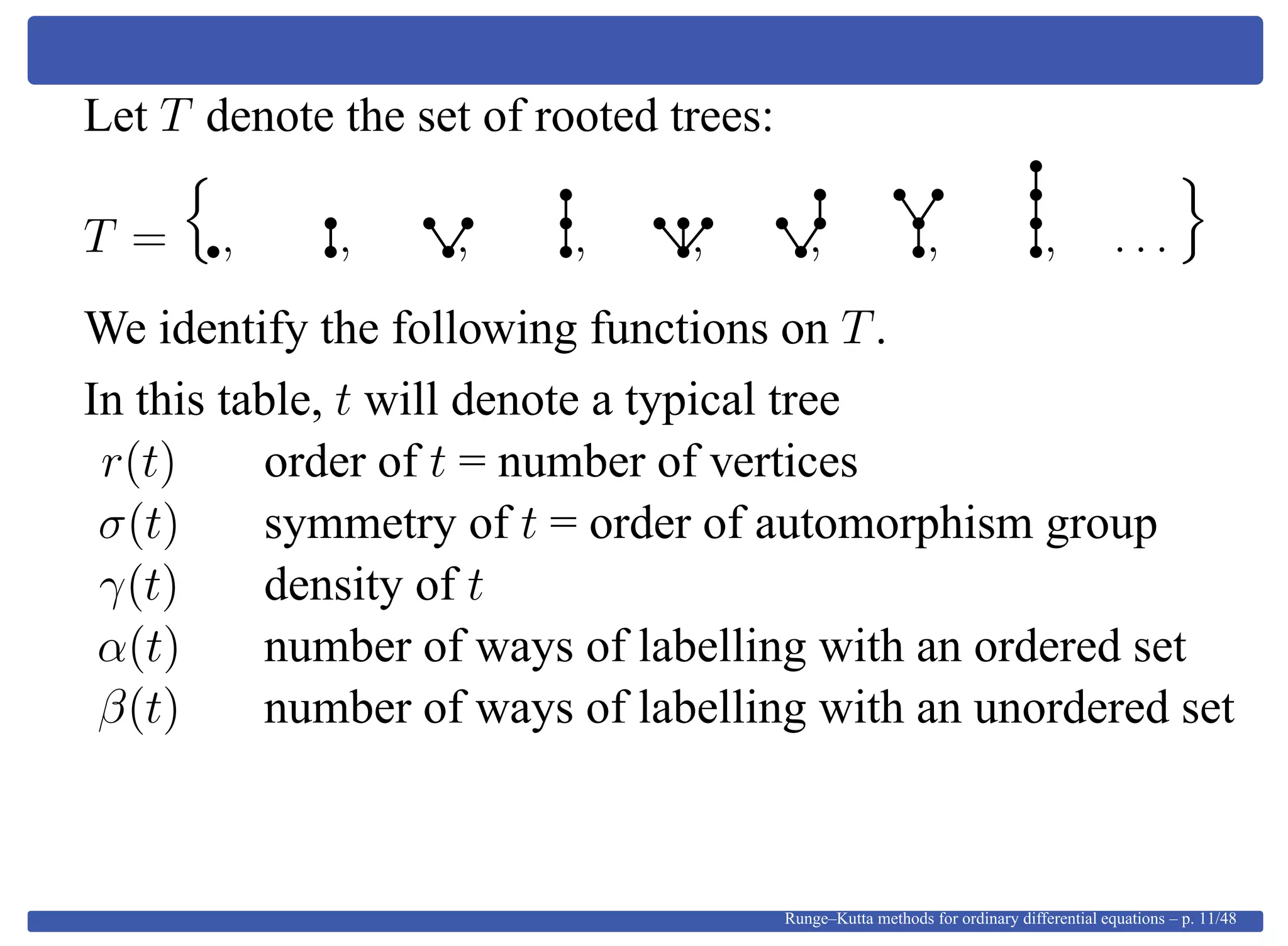Let T denote the set of rooted trees:
T = , , , , , , , , . . .
We identify the following functions on T.
In this table, t will denote a typical tree
r(t) order of t = number of vertices
σ(t) symmetry of t = order of automorphism group
γ(t) density of t
α(t) number of ways of labelling with an ordered set
β(t) number of ways of labelling with an unordered set
Runge–Kutta methods for ordinary differential equations – p. 11/48
 