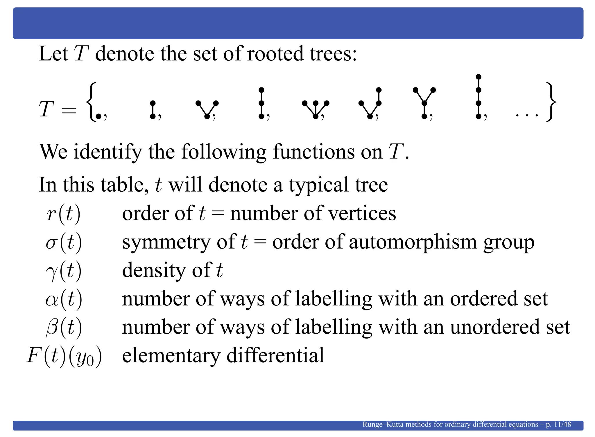 Let T denote the set of rooted trees:
T = , , , , , , , , . . .
We identify the following functions on T.
In this table, t will denote a typical tree
r(t) order of t = number of vertices
σ(t) symmetry of t = order of automorphism group
γ(t) density of t
α(t) number of ways of labelling with an ordered set
β(t) number of ways of labelling with an unordered set
F(t)(y0) elementary differential
Runge–Kutta methods for ordinary differential equations – p. 11/48
 