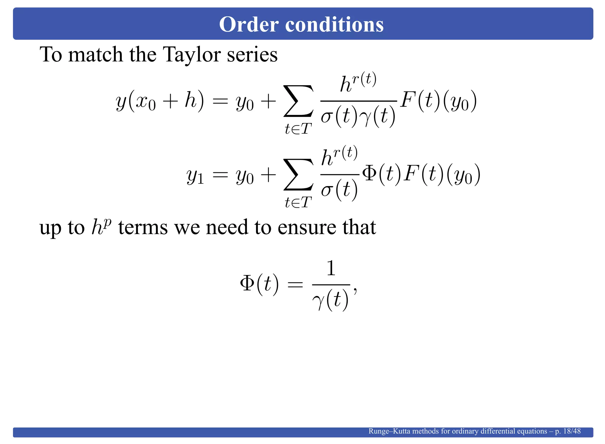 Order conditions
To match the Taylor series
y(x0 + h) = y0 +
t∈T
hr(t)
σ(t)γ(t)
F(t)(y0)
y1 = y0 +
t∈T
hr(t)
σ(t)
Φ(t)F(t)(y0)
up to hp
terms we need to ensure that
Φ(t) =
1
γ(t)
,
Runge–Kutta methods for ordinary differential equations – p. 18/48
 