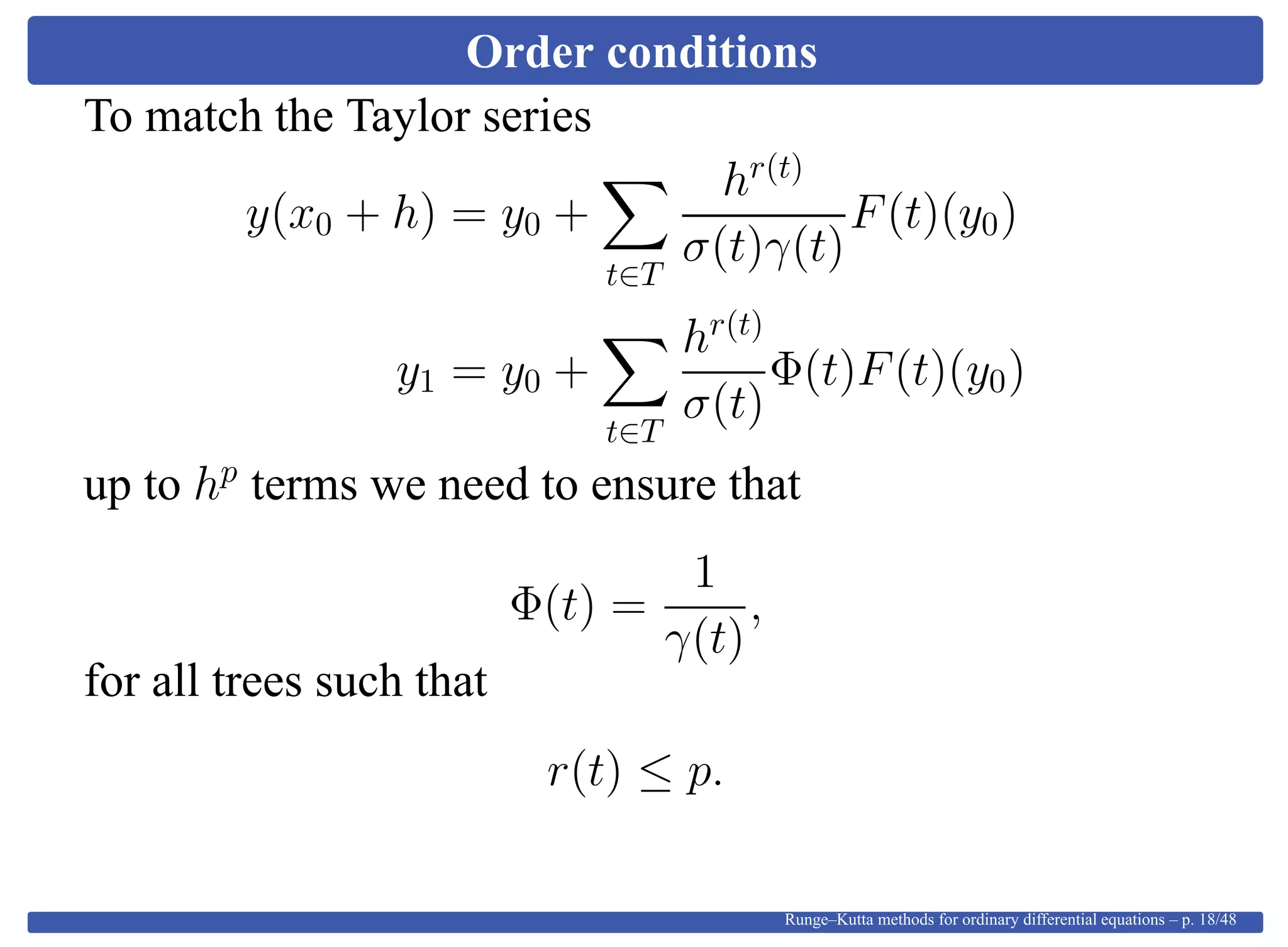 Order conditions
To match the Taylor series
y(x0 + h) = y0 +
t∈T
hr(t)
σ(t)γ(t)
F(t)(y0)
y1 = y0 +
t∈T
hr(t)
σ(t)
Φ(t)F(t)(y0)
up to hp
terms we need to ensure that
Φ(t) =
1
γ(t)
,
for all trees such that
r(t) ≤ p.
Runge–Kutta methods for ordinary differential equations – p. 18/48
 