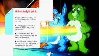 Not an insight yet if...
> Does not fit the journey. It’s
either a problem or leads to a
solution.
> Is not proven to be true. It
needs to be backed up by
“research”.
> It’s vague or generic e.g.
Mums are too busy to prepare
their kids’ lunchbox.
> Only focus on the symptoms
without looking for the cause. It
should explain the “why”.
 