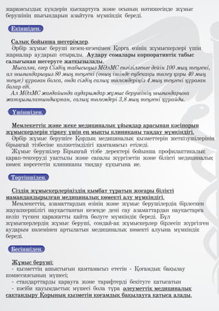 жарамсыздық күндерін қысқартуға және осының нәтижесінде жұмыс
берушінің шығындарын азайтуға мүмкіндік береді.
Екіншіден.
Салық бойынша шегерімдер.
Әрбір жұмыс беруші кезең-кезеңімен Қорға өзінің жұмыскерлері үшін
жарналар аударып отырады. Аудару сомалары корпоративтік табыс
салығынан шегеруге жатқызылады.
Мысалға, егер Сіздің табысыңыз МӘлМС енгізілгенге дейін 100 мың теңгені,
ал шығындарыңыз 80 мың теңгені (оның ішінде еңбекақы төлеу қоры 40 мың
теңге) құраған болса, онда сіздің салық төлемдеріңіз 4 мың теңгені құраған
болар еді.
Ал МӘлМС жағдайында аударымдар жұмыс берушінің шығындарына
жатқызылатындықтан, салық төлемдері 3,8 мың теңгені құрайды.
Үшіншіден.
Мемлекеттік және жеке медициналық ұйымдар арасынан кәсіпорын
жұмыскерлерін тіркеу үшін ең мықты клиниканы таңдау мүмкіндігі.
Әрбір жұмыс берушіге Қордың медициналық қызметтерін жеткізушілерінің
бірыңғай тізбесіне қолжетімділігі қамтамасыз етіледі.
Жұмыс берушілер Бірыңғай тізбе деректері бойынша профилактикалық
қарап-тексеруді уақтылы және сапалы жүргізетін және білікті медициналық
көмек көрсететін клиниканы таңдау құқығына ие.
Төртіншіден.
Сіздің жұмыскерлеріңіздің қымбат тұратын жоғары білікті
мамандандырылған медициналық көмекті алу мүмкіндігі.
Мемлекеттің, азаматтардың өзінің және жұмыс берушілердің бірлескен
жауапкершілігі науқастанған кезеңде дені сау азаматтардан науқастарға
келіп түскен қаражатты қайта бөлуге мүмкіндік береді. Бұл
жұмыскерлердің жұмыс беруші, сондай-ақ жұмыскерлер бірлесіп жүргізген
аударым көлемінен артылатын медициналық көмекті алуына мүмкіндік
береді.
Бесіншіден.
Жұмыс беруші:
- қызметтің ашықтығын қамтамасыз ететін - Қоғамдық бақылау
комиссиясының мүшесі;
- стандарттарды қарауға және тарифтерді бекітуге қатысатын
- кәсіби қауымдастық мүшесі бола тұра әлеуметтік медициналық
сақтандыру Қорының қызметін қоғамдық бақылауға қатыса алады.
 
