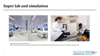 Super lab and simulation
12
Super lab and Forensic science unit
http://newsroom.uts.edu.au/news/2015/04/super-labs-living-labs-and-simulated-crime-scenes-fuel-uts-science-education-and
 