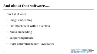 And about that software…..
Our list of woes:
• Image embedding
• File attachment within a section
• Audio embedding
• Support nightmare
• Huge deterrence factor – avoidance
20
 