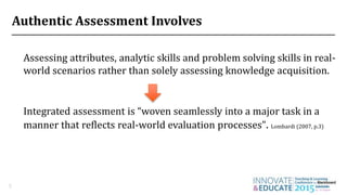 Authentic Assessment Involves
Integrated assessment is “woven seamlessly into a major task in a
manner that reflects real-world evaluation processes”. Lombardi (2007, p.3)
5
Assessing attributes, analytic skills and problem solving skills in real-
world scenarios rather than solely assessing knowledge acquisition.
 