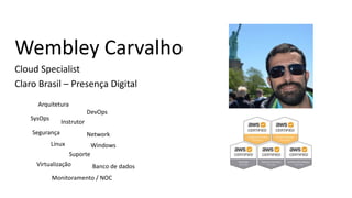 Wembley Carvalho
Cloud Specialist
Claro Brasil – Presença Digital
NetworkSegurança
Linux
Suporte
Windows
Banco de dados
Monitoramento / NOC
Virtualização
Arquitetura
DevOps
SysOps
Instrutor
 