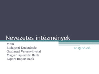 Nevezetes intézmények
MNB
Budapesti Értéktőzsde
Gazdasági Versenyhivatal
Magyar Fejlesztési Bank
Export-Import Bank
2015.06.06.
 