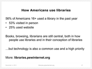How Americans use libraries

56% of Americans 16+ used a library in the past year
• 53% visited in person
• 25% used website
Books, browsing, librarians are still central, both in how
people use libraries and in their conception of libraries
…but technology is also a common use and a high priority

More: libraries.pewinternet.org
November 4, 2013

libraries.pewinternet.org

17

 