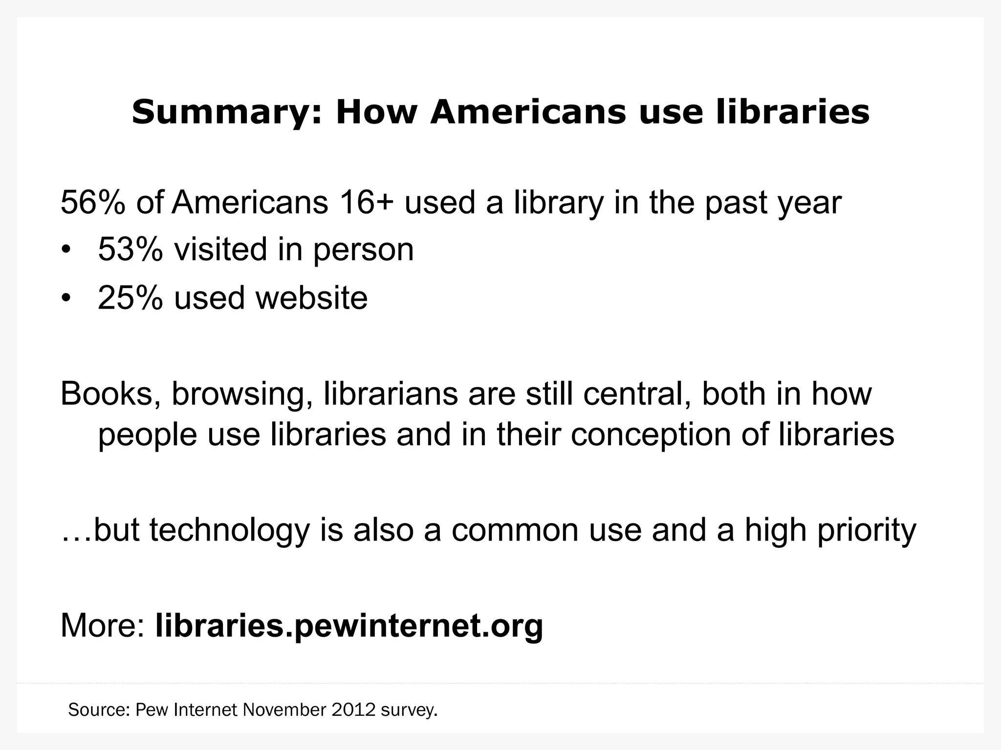 Summary: How Americans use libraries
56% of Americans 16+ used a library in the past year
•  53% visited in person
•  25% used website
Books, browsing, librarians are still central, both in how
people use libraries and in their conception of libraries
…but technology is also a common use and a high priority
More: libraries.pewinternet.org
Source: Pew Internet November 2012 survey.

 