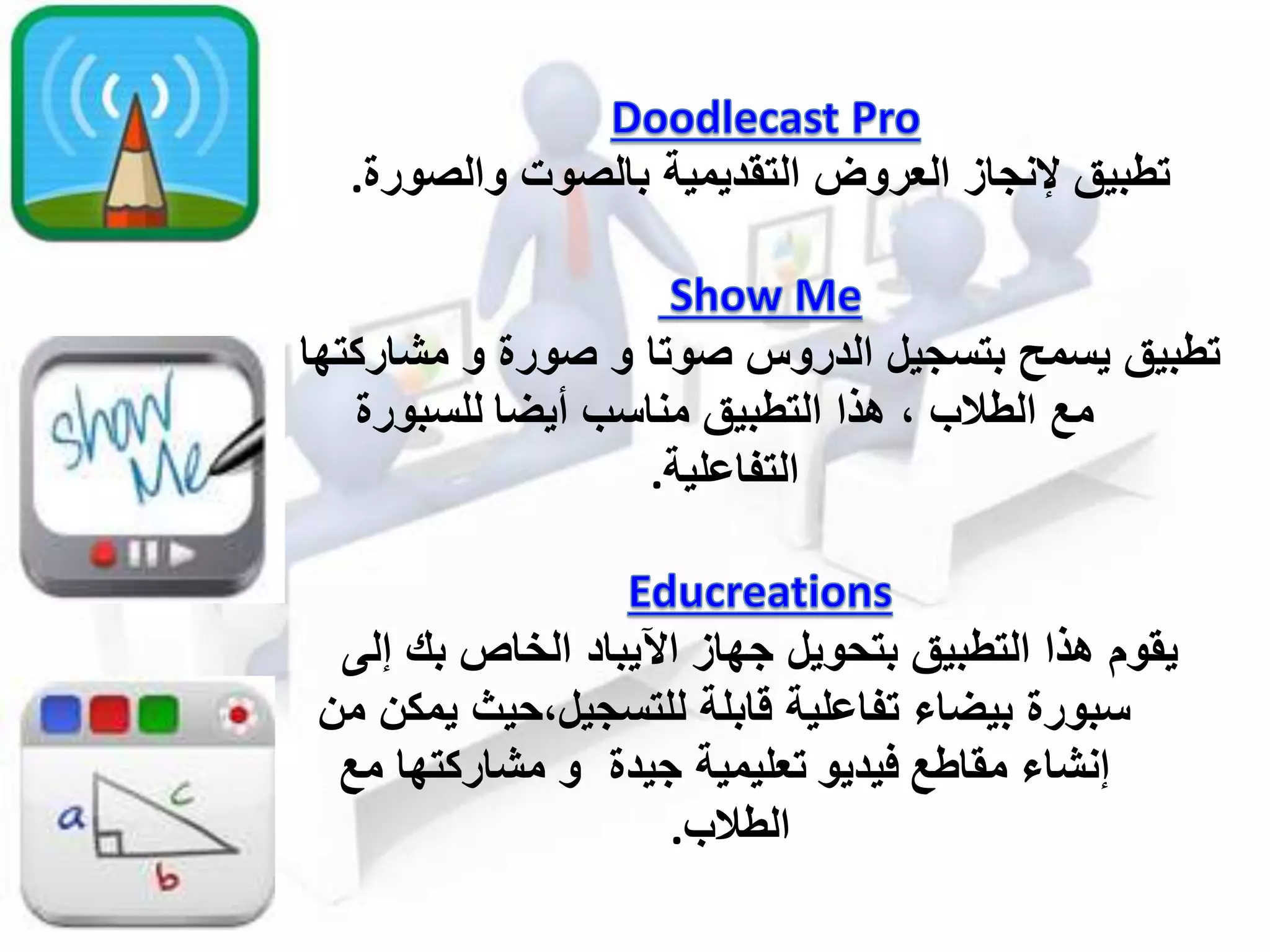 ‫العرول‬ ‫إلنجاز‬ ‫تطبيق‬‫التقديمية‬‫والصورة‬ ‫بالصوت‬.
‫مش‬ ‫و‬ ‫صورة‬ ‫و‬ ‫صوتا‬ ‫الدروس‬ ‫بتسجيل‬ ‫يسمح‬ ‫تطبيق‬‫اركتها‬
‫مع‬‫الطالب‬‫أيضا‬ ‫مناسب‬ ‫التطبيق‬ ‫هذا‬ ،‫للسبورة‬
‫التفاعلية‬.
‫جهاز‬ ‫بتحويل‬ ‫التطبيق‬ ‫هذا‬ ‫يقوم‬‫اآليباد‬‫إلى‬ ‫بك‬ ‫الخاص‬
‫ي‬ ‫للتسجيل،حي‬ ‫قابلة‬ ‫تفاعلية‬ ‫بيضا‬ ‫سبورة‬‫من‬ ‫مكن‬
‫مقاطع‬ ‫إنشا‬‫فيديو‬‫جيدة‬ ‫تعليمية‬‫مع‬ ‫مشاركتها‬ ‫و‬
‫الطالب‬.
 