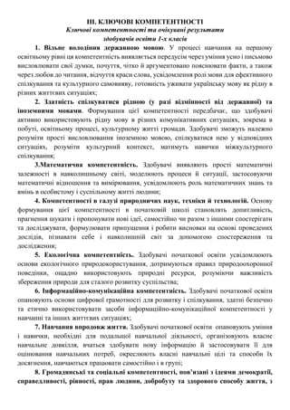 ІІІ. КЛЮЧОВІ КОМПЕТЕНТНОСТІ
Ключові компетентності та очікувані результати
здобувачів освіти 1-х класів
1. Вільне володіння державною мовою. У процесі навчання на першому
освітньому рівні ця компетентність виявляється передусім через уміння усно і письмово
висловлювати свої думки, почуття, чітко й аргументовано пояснювати факти, а також
через любов до читання, відчуття краси слова, усвідомлення ролі мови для ефективного
спілкування та культурного самовияву, готовність уживати українську мову як рідну в
різних життєвих ситуаціях;
2. Здатність спілкуватися рідною (у разі відмінності від державної) та
іноземними мовами. Формування цієї компетентності передбачає, що здобувачі
активно використовують рідну мову в різних комунікативних ситуаціях, зокрема в
побуті, освітньому процесі, культурному житті громади. Здобувачі зможуть належно
розуміти прості висловлювання іноземною мовою, спілкуватися нею у відповідних
ситуаціях, розуміти культурний контекст, матимуть навички міжкультурного
спілкування;
3.Математична компетентність. Здобувачі виявляють прості математичні
залежності в навколишньому світі, моделюють процеси й ситуації, застосовуючи
математичні відношення та вимірювання, усвідомлюють роль математичних знань та
вмінь в особистому і суспільному житті людини;
4. Компетентності в галузі природничих наук, техніки й технологій. Основу
формування цієї компетентності в початковій школі становлять допитливість,
прагнення шукати і пропонувати нові ідеї, самостійно чи разом з іншими спостерігати
та досліджувати, формулювати припущення і робити висновки на основі проведених
дослідів, пізнавати себе і навколишній світ за допомогою спостереження та
дослідження;
5. Екологічна компетентність. Здобувачі початкової освіти усвідомлюють
основи екологічного природокористування, дотримуються правил природоохоронної
поведінки, ощадно використовують природні ресурси, розуміючи важливість
збереження природи для сталого розвитку суспільства;
6. Інформаційно-комунікаційна компетентність. Здобувачі початкової освіти
опановують основи цифрової грамотності для розвитку і спілкування, здатні безпечно
та етично використовувати засоби інформаційно-комунікаційної компетентності у
навчанні та інших життєвих ситуаціях;
7. Навчання впродовж життя. Здобувачі початкової освіти опановують уміння
і навички, необхідні для подальшої навчальної діяльності, організовують власне
навчальне довкілля, вчаться здобувати нову інформацію й застосовувати її для
оцінювання навчальних потреб, окреслюють власні навчальні цілі та способи їх
досягнення, навчаються працювати самостійно і в групі;
8. Громадянські та соціальні компетентності, пов’язані з ідеями демократії,
справедливості, рівності, прав людини, добробуту та здорового способу життя, з
 