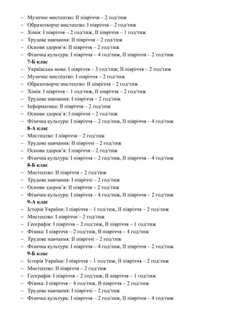  Музичне мистецтво: ІІ півріччя – 2 год/тиж
 Образотворче мистецтво: І півріччя – 2 год/тиж
 Хімія: І півріччя – 2 год/тиж, ІІ півріччя – 1 год/тиж
 Трудове навчання: ІІ півріччя – 2 год/тиж
 Основи здоров’я: ІІ півріччя – 2 год/тиж
 Фізична культура: І півріччя – 4 год/тиж, ІІ півріччя – 2 год/тиж
7-Б клас
 Українська мова: І півріччя – 3 год/тиж; ІІ півріччя – 2 год/тиж
 Музичне мистецтво: І півріччя – 2 год/тиж
 Образотворче мистецтво: ІІ півріччя – 2 год/тиж
 Хімія: І півріччя – 1 год/тиж, ІІ півріччя – 2 год/тиж
 Трудове навчання: І півріччя – 2 год/тиж
 Інформатика: ІІ півріччя – 2 год/тиж
 Основи здоров’я: І півріччя – 2 год/тиж
 Фізична культура: І півріччя – 2 год/тиж, ІІ півріччя – 4 год/тиж
8-А клас
 Мистецтво: І півріччя – 2 год/тиж
 Трудове навчання: ІІ півріччі – 2 год/тиж
 Основи здоров’я: І півріччя – 2 год/тиж
 Фізична культура: І півріччя – 2 год/тиж, ІІ півріччя – 4 год/тиж
8-Б клас
 Мистецтво: ІІ півріччя – 2 год/тиж
 Трудове навчання: І півріччі – 2 год/тиж
 Основи здоров’я: ІІ півріччя – 2 год/тиж
 Фізична культура: І півріччя – 4 год/тиж, ІІ півріччя – 2 год/тиж
9-А клас
 Історія України: І півріччя – 1 год/тиж, ІІ півріччя – 2 год/тиж
 Мистецтво: І півріччя – 2 год/тиж
 Географія: І півріччя – 2 год/тиж, ІІ півріччя – 1 год/тиж
 Фізика: І півріччя – 2 год/тиж, ІІ півріччя – 4 год/тиж
 Трудове навчання: ІІ півріччі – 2 год/тиж
 Фізична культура: І півріччя – 4 год/тиж, ІІ півріччя – 2 год/тиж
9-Б клас
 Історія України: І півріччя – 1 год/тиж, ІІ півріччя – 2 год/тиж
 Мистецтво: ІІ півріччя – 2 год/тиж
 Географія: І півріччя – 2 год/тиж, ІІ півріччя – 1 год/тиж
 Фізика: І півріччя – 4 год/тиж, ІІ півріччя – 2 год/тиж
 Трудове навчання: І півріччі – 2 год/тиж
 Фізична культура: І півріччя – 2 год/тиж, ІІ півріччя – 4 год/тиж
 