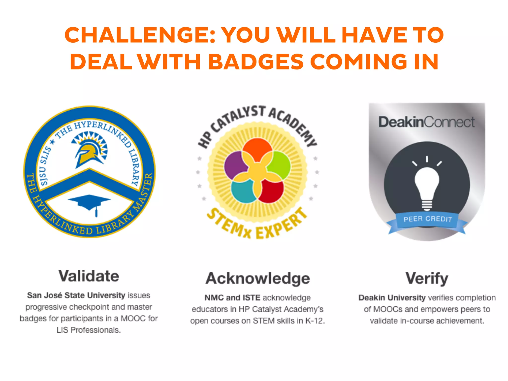 CHALLENGE: YOU WILL HAVE TO
DEAL WITH BADGES COMING IN
 