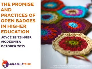 THE PROMISE
AND
PRACTICES OF
OPEN BADGES
IN HIGHER
EDUCATION
JOYCE SEITZINGER
#ICDEUNISA
OCTOBER 2015
	
  
Image cc license by MissMessie – Hexagons https://
www.flickr.com/photos/97335141@N00/5327359783/
 