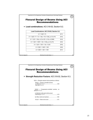 Department of Civil Engineering, University of Engineering and Technology Peshawar

Flexural Design of Beams Using ACI
Recommendations
 Load combinations: ACI 318-02, Section 9.2.
Load Combinations: ACI 318-02, Section 9.2.
U = 1.4(D + F)
U = 1.2(D + F + T) + 1.6(L + H) + 0.5(Lr or S or R)

(9-2)

U = 1.2D + 1.6(Lr or S or R) + (1.0L or 0.8W)

(9-3)

U = 1.2D + 1.6W + 1.0L + 0.5(Lr or S or R)

(9-4)

U = 1.2D + 1.0E + 1.0L + 0.2S

(9-5)

U = 0.9D + 1.6W + 1.6H

(9-6)

U = 0.9D + 1.0E + 1.6H

Prof. Dr. Qaisar Ali

(9-1)

(9-7)

Reinforced Concrete Design – II

29

Department of Civil Engineering, University of Engineering and Technology Peshawar

Flexural Design of Beams Using ACI
Recommendations
 Strength Reduction Factors: ACI 318-02, Section 9.3.

Prof. Dr. Qaisar Ali

Reinforced Concrete Design – II

30

15

 