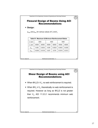 Department of Civil Engineering, University of Engineering and Technology Peshawar

Flexural Design of Beams Using ACI
Recommendations
 Design:
ρmax and ρmin for various values of fc′ and fy

Table 01: Maximum & Minimum Reinforcement Ratios
fc′ (psi)

3000

4000

5000

fy (psi)

40000

60000

40000

60000

40000

60000

ρmin

0.005

0.0033

0.005

0.0033

0.0053

0.0035

ρmax

0.0203

0.0135

0.027

0.018

0.0319

0.0213

Prof. Dr. Qaisar Ali

Reinforced Concrete Design – II

33

Department of Civil Engineering, University of Engineering and Technology Peshawar

Shear Design of Beams using ACI
Recommendations
 When ΦVc/2 ≥ Vu, no web reinforcement is required.
 When ΦVc ≥ Vu, theoretically no web reinforcement is
required. However as long as ΦVc/2 is not greater
than Vu, ACI 11.5.5.1 recommends minimum web
reinforcement.

Prof. Dr. Qaisar Ali

Reinforced Concrete Design – II

34

17

 