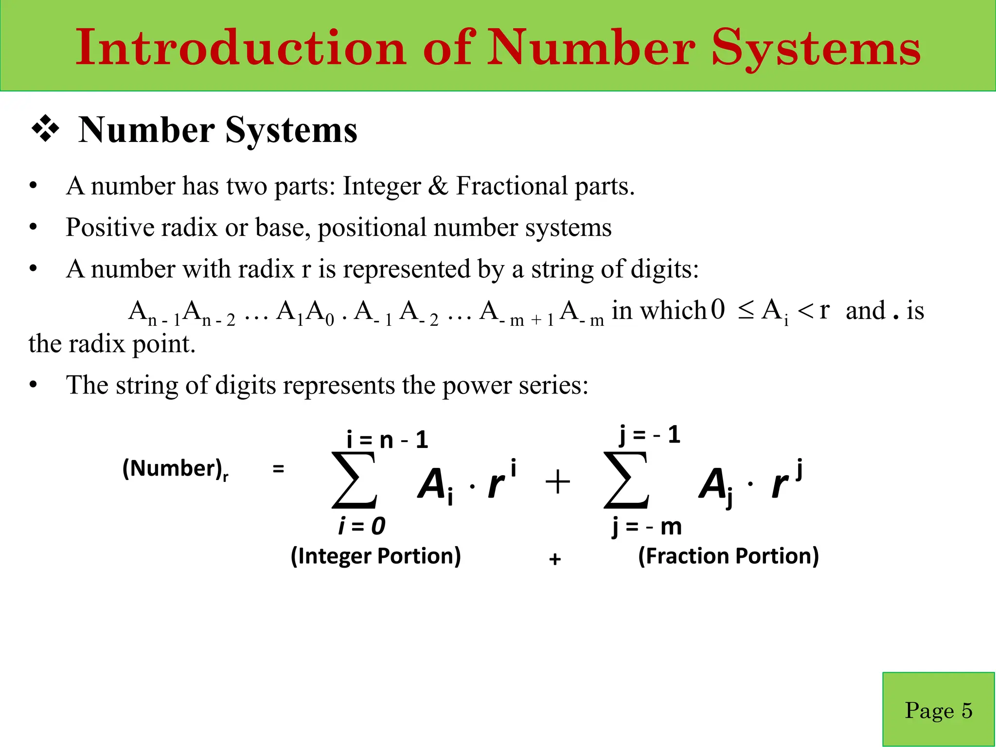Introduction of Number Systems
❖ Number Systems
• A number has two parts: Integer & Fractional parts.
• Positive radix or base, positional number systems
• A number with radix r is represented by a string of digits:
An - 1An - 2 … A1A0 . A- 1 A- 2 … A- m + 1 A- m in which and . is
the radix point.
• The string of digits represents the power series:
Page 5
r
A
0 i 

(Number)r =

 +
j = - m
j
j
i
i = 0
i r
A
r
A
(Integer Portion) + (Fraction Portion)
i = n - 1 j = - 1
 