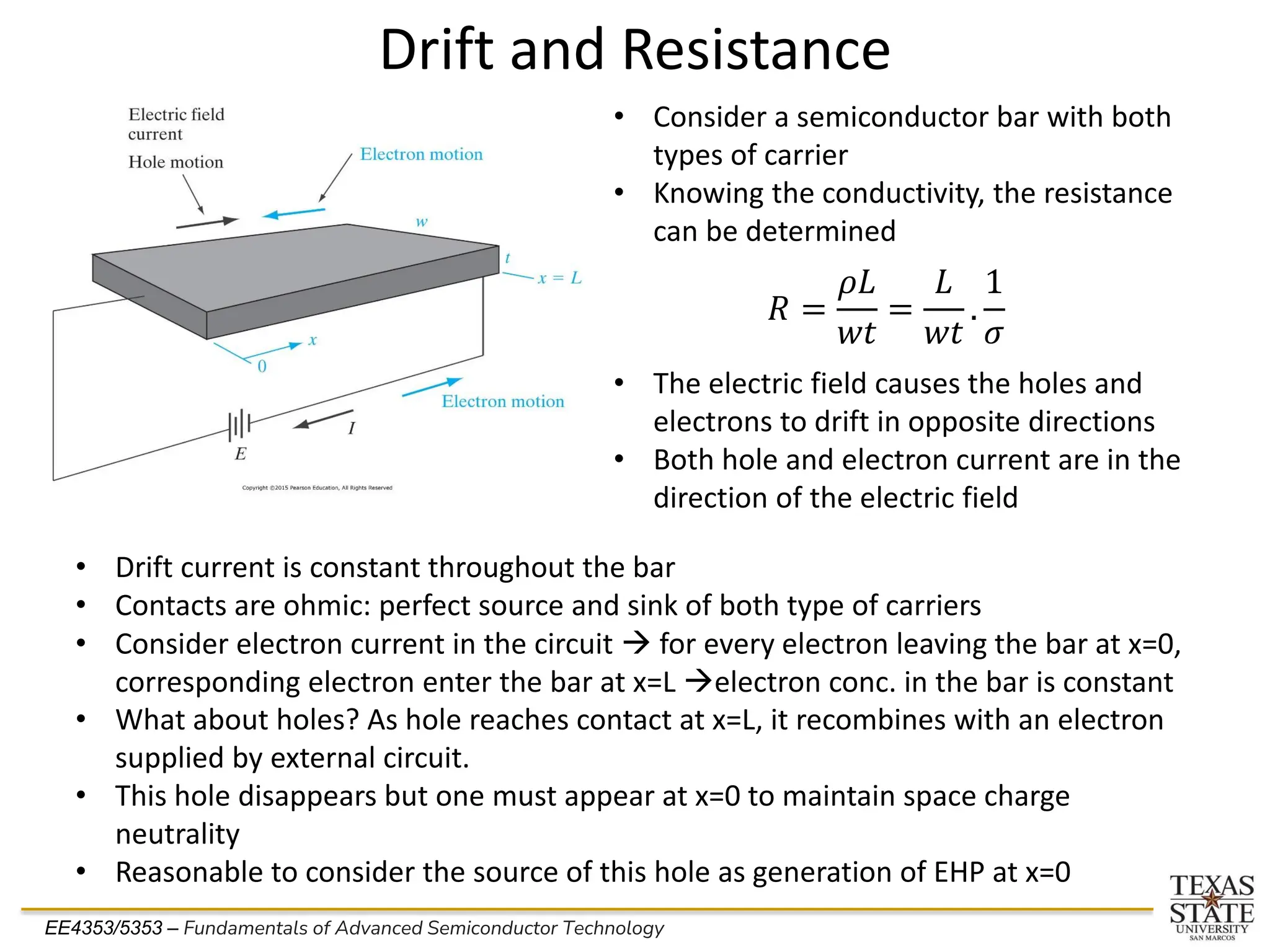 EE4353/5353 – Fundamentals of Advanced Semiconductor Technology
Drift and Resistance
• Consider a semiconductor bar with both
types of carrier
• Knowing the conductivity, the resistance
can be determined
• The electric field causes the holes and
electrons to drift in opposite directions
• Both hole and electron current are in the
direction of the electric field
𝑅 =
𝜌𝐿
𝑤𝑡
=
𝐿
𝑤𝑡
.
1
𝜎
• Drift current is constant throughout the bar
• Contacts are ohmic: perfect source and sink of both type of carriers
• Consider electron current in the circuit → for every electron leaving the bar at x=0,
corresponding electron enter the bar at x=L →electron conc. in the bar is constant
• What about holes? As hole reaches contact at x=L, it recombines with an electron
supplied by external circuit.
• This hole disappears but one must appear at x=0 to maintain space charge
neutrality
• Reasonable to consider the source of this hole as generation of EHP at x=0
 