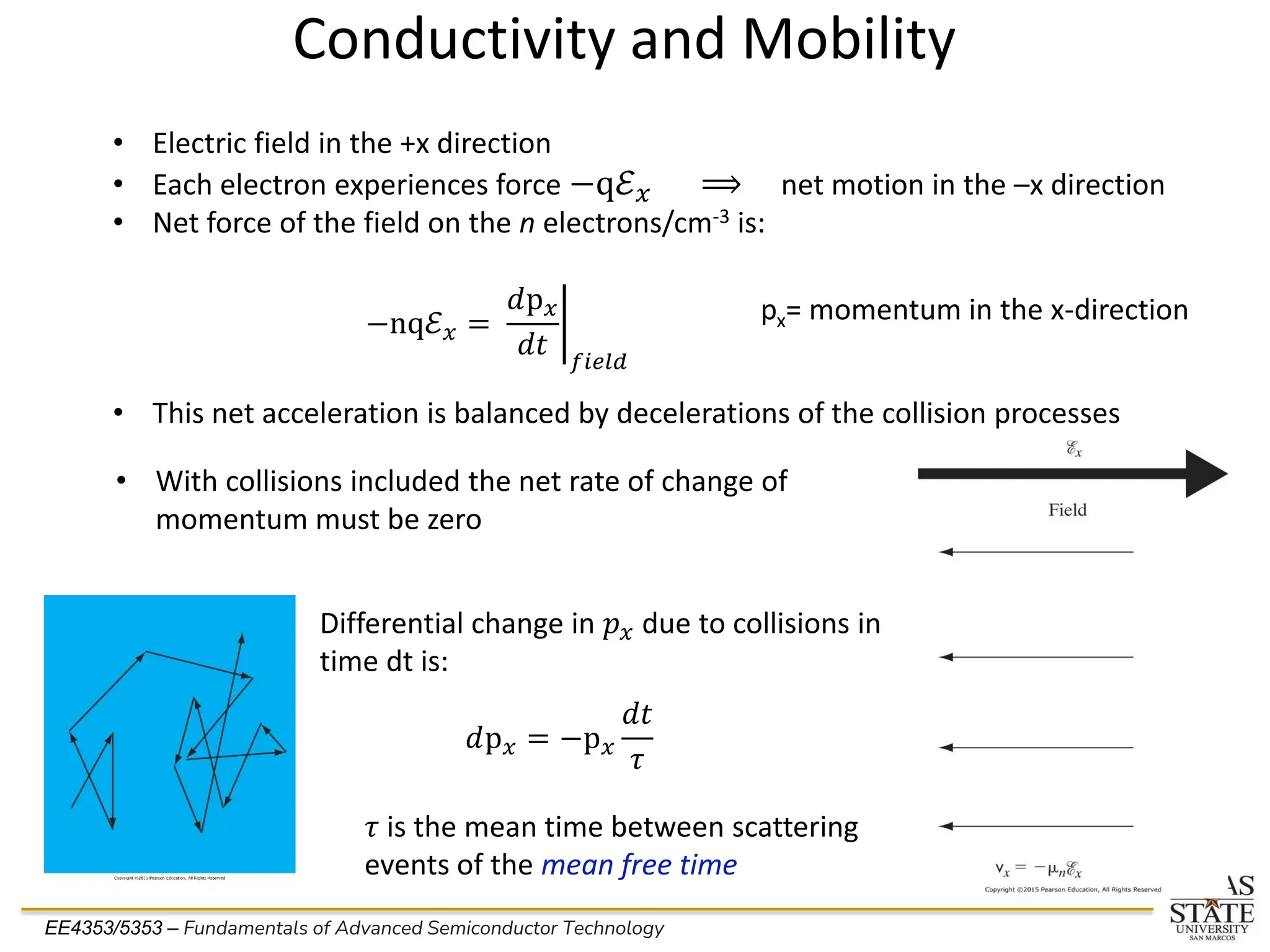 EE4353/5353 – Fundamentals of Advanced Semiconductor Technology
Conductivity and Mobility
• Electric field in the +x direction
• Each electron experiences force −qℰ𝑥 ⟹ net motion in the –x direction
• Net force of the field on the n electrons/cm-3 is:
• This net acceleration is balanced by decelerations of the collision processes
−nqℰ𝑥 = ቤ
𝑑p𝑥
𝑑𝑡 𝑓𝑖𝑒𝑙𝑑
• With collisions included the net rate of change of
momentum must be zero
Differential change in 𝑝𝑥 due to collisions in
time dt is:
𝑑p𝑥 = −p𝑥
𝑑𝑡
𝜏
𝜏 is the mean time between scattering
events of the mean free time
px= momentum in the x-direction
 