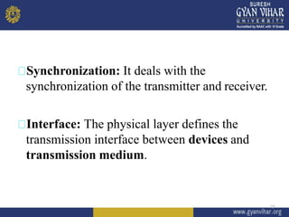 Synchronization: It deals with the
synchronization of the transmitter and receiver.
Interface: The physical layer defines the
transmission interface between devices and
transmission medium.
12
 
