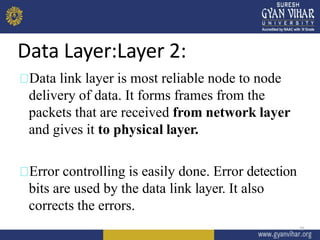 Data Layer:Layer 2:
15
Data link layer is most reliable node to node
delivery of data. It forms frames from the
packets that are received from network layer
and gives it to physical layer.
Error controlling is easily done. Error detection
bits are used by the data link layer. It also
corrects the errors.
 