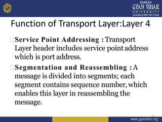 Function of Transport Layer:Layer 4
24
Service Point Addressing : Transport
Layer header includes service pointaddress
which is port address.
Segmentation and Reassembling : A
message is divided into segments; each
segment contains sequence number,which
enables this layer in reassembling the
message.
 
