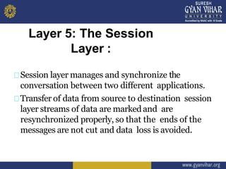 Layer 5: The Session
Layer :
Session layer manages and synchronize the
conversation between two different applications.
Transfer of data from source to destination session
layer streams of data are marked and are
resynchronized properly, so that the ends of the
messages are not cut and data loss is avoided.
 