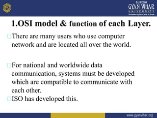 1.OSI model & function of each Layer.
There are many users who use computer
network and are located all over the world.
For national and worldwide data
communication, systems must be developed
which are compatible to communicate with
each other.
ISO has developed this.
 