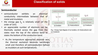 Classification of solids
.
• semiconductor exhibits an electrical
conductivity intermediate between that of
metal and insulators
• the energy gap Eg is relatively small (of the
order of 1eV).
• an appreciable number of electrons can be
thermally excited across the gap from the
states near the top of the valence band to
states the bottom of the conduction band.
Semiconductor
• As the temperature approaches absolute zero,
the thermal excitation becomes vanishingly
small and therefore all semiconductors behave
as insulators at such temperatures.
 
