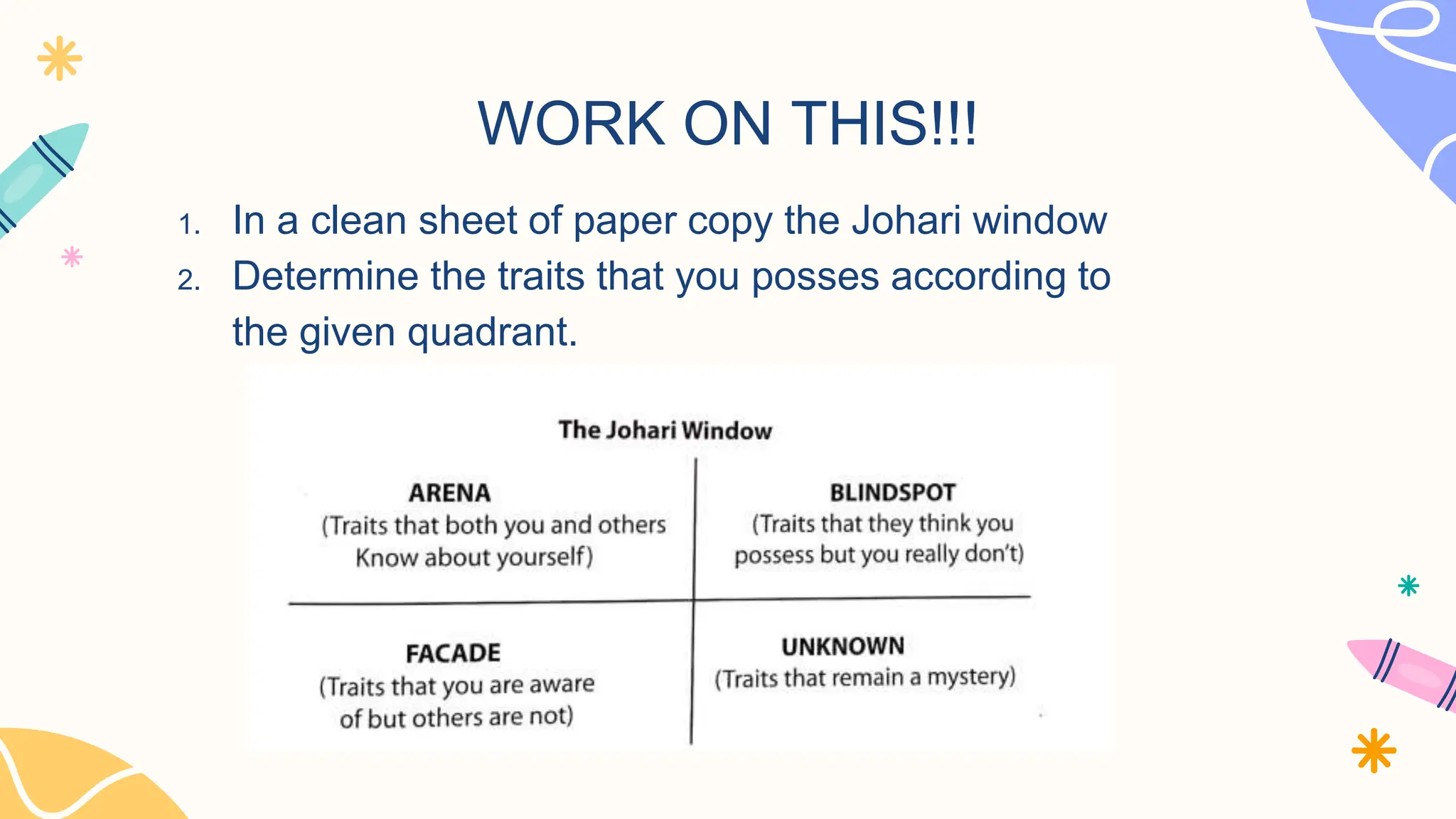 WORK ON THIS!!!
1. In a clean sheet of paper copy the Johari window
2. Determine the traits that you posses according to
the given quadrant.
 