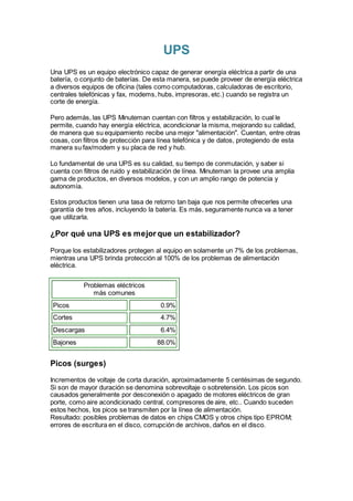 UPS
Una UPS es un equipo electrónico capaz de generar energía eléctrica a partir de una
batería, o conjunto de baterías. De esta manera, se puede proveer de energía eléctrica
a diversos equipos de oficina (tales como computadoras, calculadoras de escritorio,
centrales telefónicas y fax, modems, hubs, impresoras, etc.) cuando se registra un
corte de energía.
Pero además, las UPS Minuteman cuentan con filtros y estabilización, lo cual le
permite, cuando hay energía eléctrica, acondicionar la misma, mejorando su calidad,
de manera que su equipamiento recibe una mejor "alimentación". Cuentan, entre otras
cosas, con filtros de protección para línea telefónica y de datos, protegiendo de esta
manera su fax/modem y su placa de red y hub.
Lo fundamental de una UPS es su calidad, su tiempo de conmutación, y saber si
cuenta con filtros de ruido y estabilización de línea. Minuteman la provee una amplia
gama de productos, en diversos modelos, y con un amplio rango de potencia y
autonomía.
Estos productos tienen una tasa de retorno tan baja que nos permite ofrecerles una
garantía de tres años, incluyendo la batería. Es más, seguramente nunca va a tener
que utilizarla.
¿Por qué una UPS es mejor que un estabilizador?
Porque los estabilizadores protegen al equipo en solamente un 7% de los problemas,
mientras una UPS brinda protección al 100% de los problemas de alimentación
eléctrica.
Problemas eléctricos
más comunes
Picos 0.9%
Cortes 4.7%
Descargas 6.4%
Bajones 88.0%
Picos (surges)
Incrementos de voltaje de corta duración, aproximadamente 5 centésimas de segundo.
Si son de mayor duración se denomina sobrevoltaje o sobretensión. Los picos son
causados generalmente por desconexión o apagado de motores eléctricos de gran
porte, como aire acondicionado central, compresores de aire, etc.. Cuando suceden
estos hechos, los picos se transmiten por la línea de alimentación.
Resultado: posibles problemas de datos en chips CMOS y otros chips tipo EPROM;
errores de escritura en el disco, corrupción de archivos, daños en el disco.
 
