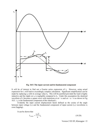 It will be of interest to find out a Fourier series expression of ii. However, using actual
expression for ii will lead to exceedingly complex calculation. Significant simplification can be
made by replacing i0 with its average value I0. This will be justified provided the load is highly
inductive and the ripple on i0 is negligible compared to I0. Under this assumption the idealized
waveform of ii becomes a square wave with transitions at ωt = α and ωt = α + π as shown in Fig
10.5. ii1 is the fundamental component of this idealized ii.
Evidently the input current displacement factor defined as the cosine of the angle
between input voltage (vi) and the fundamental component of input current (ii1) waveforms is
cosα (lagging).
It can be shown that
i1RMS 0
2 2
I =
π
I (10.28)
Version 2 EE IIT, Kharagpur 15
 